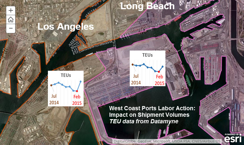 ESRI Map of LA-LB Port Slowdown Data from Datamyne
