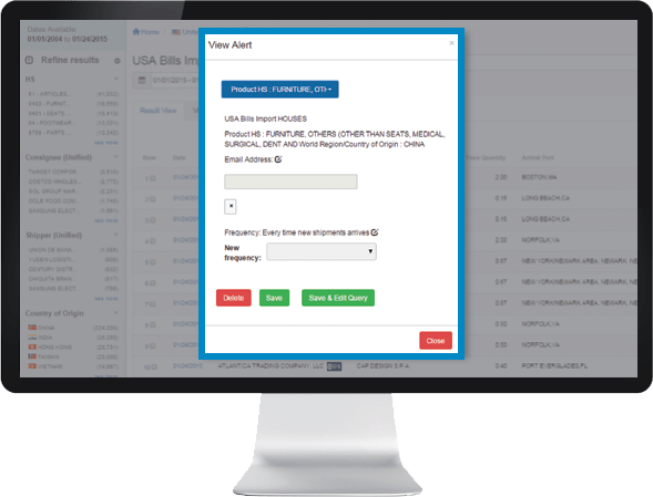 computer screen showing global trade data automated email alert feature