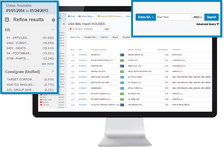 computer showing results of US bill of lading data search