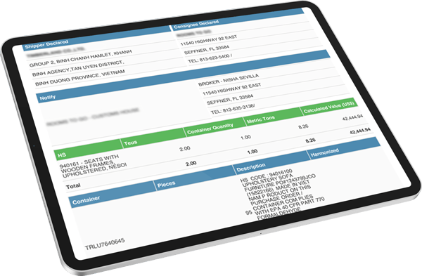 tablet showing bill of lading database features