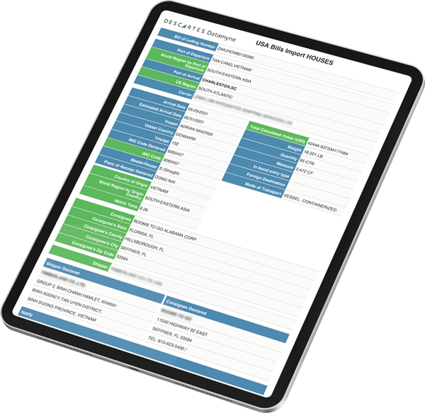 descartes datamyne bill of lading data displayed on a tablet