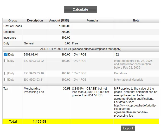 Screen 3 Landed Costs