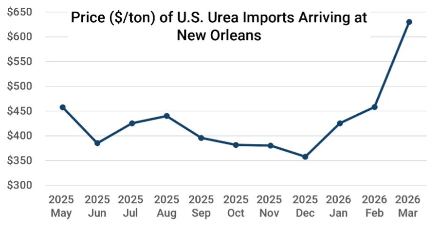 Graph depicting price rise in Urea imports arriving at New Orleans May 2025 through March 2026.
